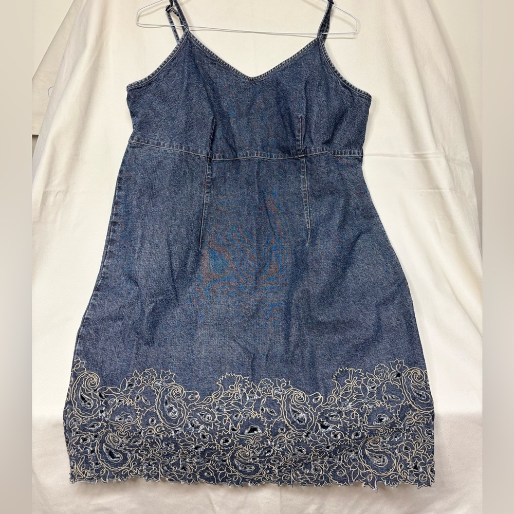 Blue Denim Sundress with Spaghetti Straps and Embroidery cutouts